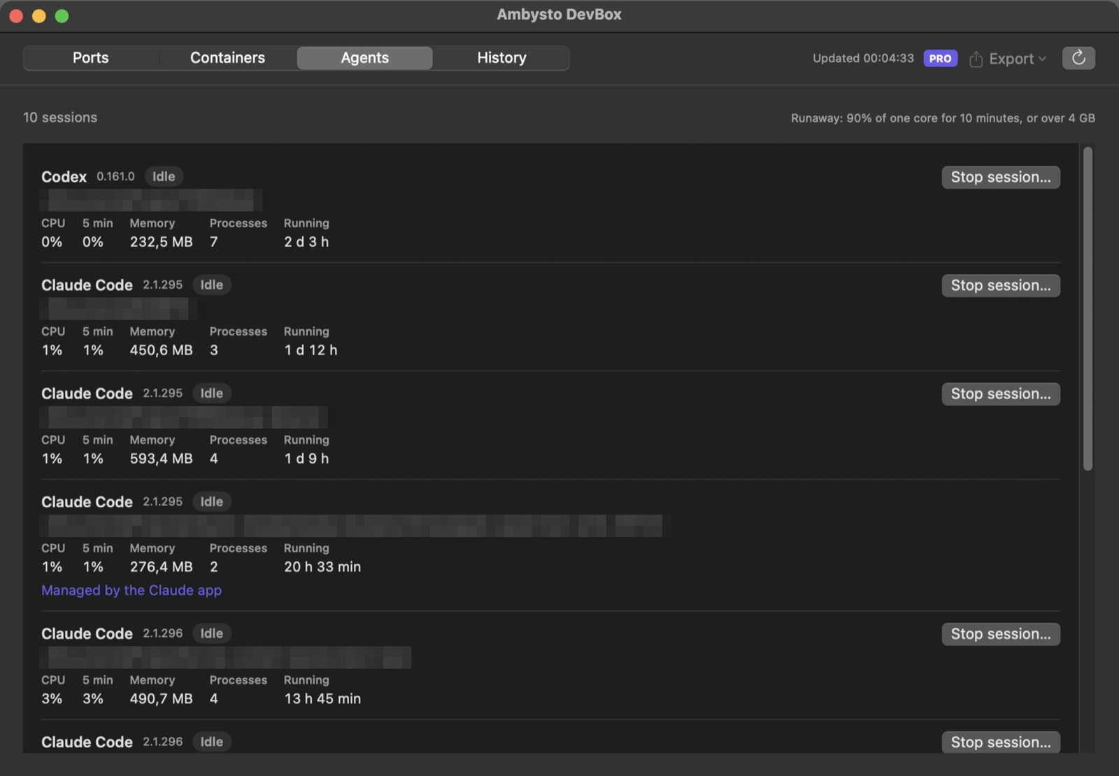 The Agents tab: Codex and Claude Code sessions, each with its project folder, CPU now and over 5 minutes, memory, process count, running time and a Stop session button.