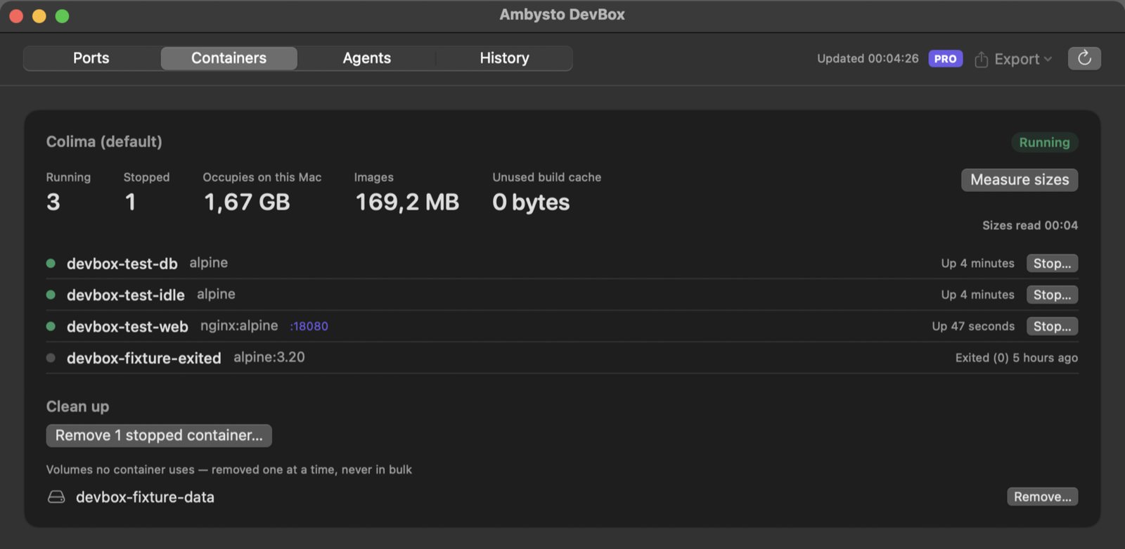 The Containers tab for Colima: 3 running, 1 stopped, 1.67 GB on this Mac, 169.2 MB of images, each container with a Stop button, and a Clean up section that removes one stopped container or one unused volume.